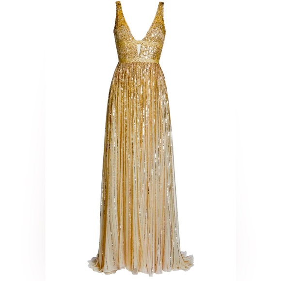 *NEW WITH TAGS* MAC DUGGAL Nude Pale Gold Sequin Beaded Stripe Deep V-neck Gown - Picture 5 of 17